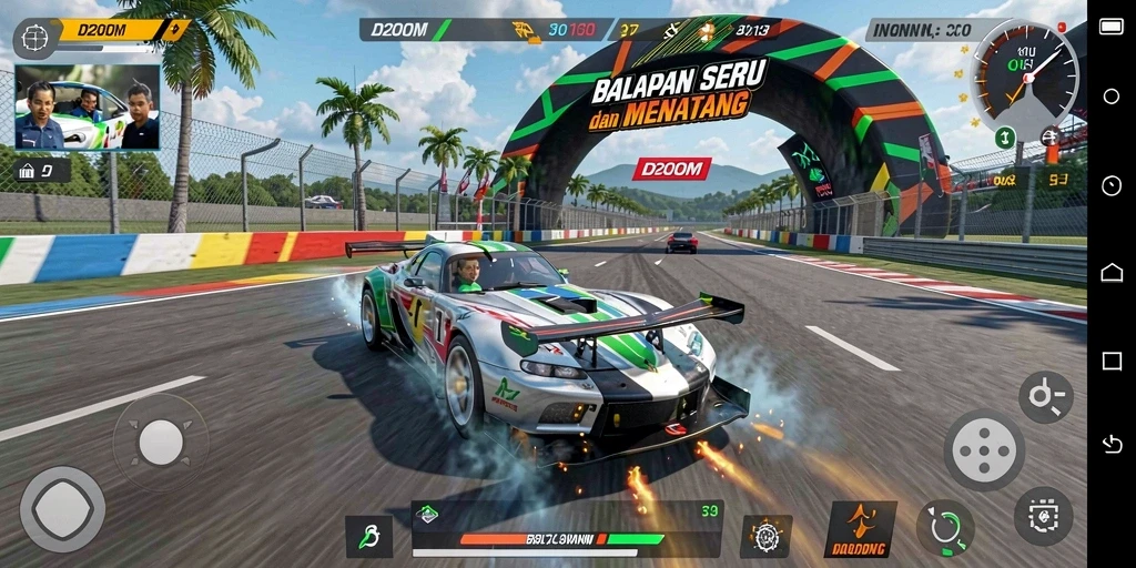 Tangkapan layar D200M menampilkan aksi balapan mendebarkan dengan mobil yang melaju kencang.