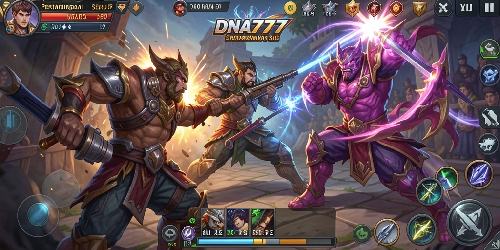 Screenshot gameplay DNA777 menampilkan pertarungan SLG yang mendebarkan.