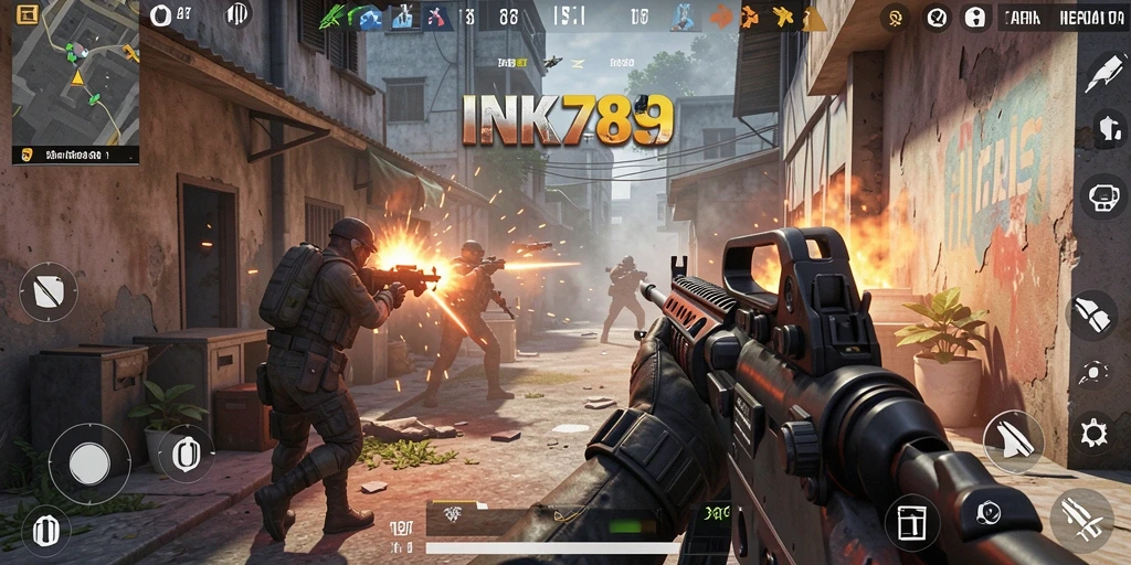 Screenshot gameplay INK789 dengan aksi menegangkan dalam pertempuran FPS.