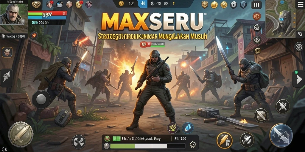 Screenshot gameplay <strong>MAXSERU</strong> menunjukkan pertempuran strategi yang intens dan penuh warna.