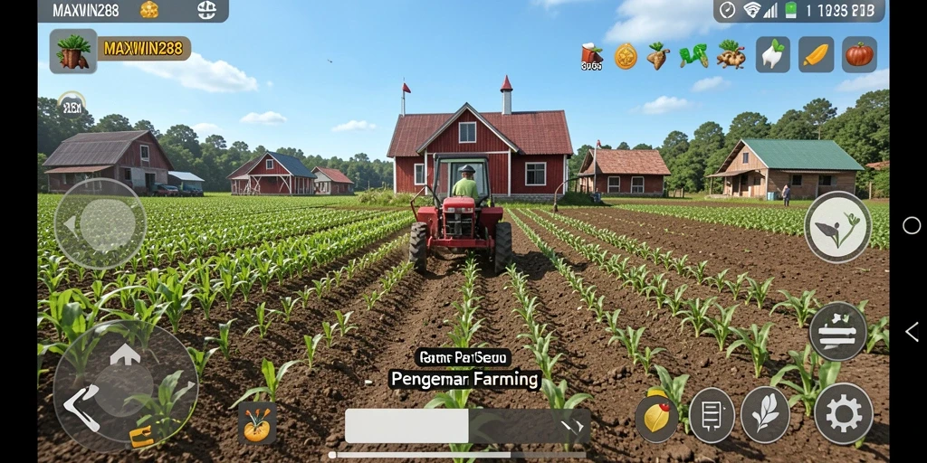 Tampilan gameplay menarik di dunia pertanian yang cerah.