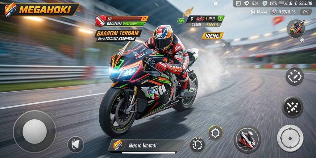 Screenshot gameplay MEGAHOKI menampilkan balapan motor yang seru.