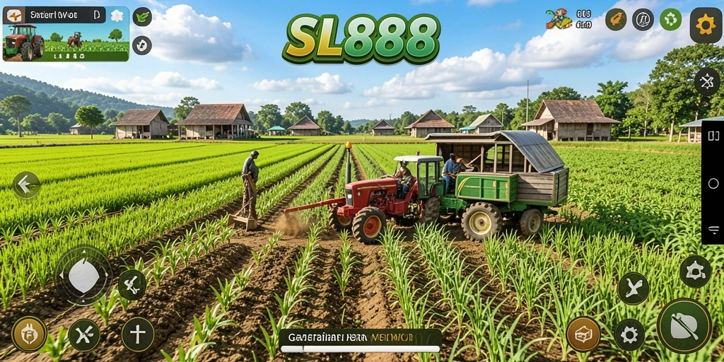 Tangkapan layar gameplay SL888 yang menampilkan aktivitas pertanian yang dinamis.