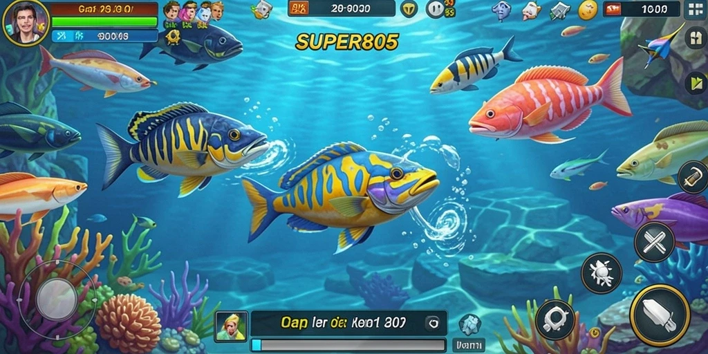 Tampilan gameplay SUPER805 saat menangkap ikan di lautan.