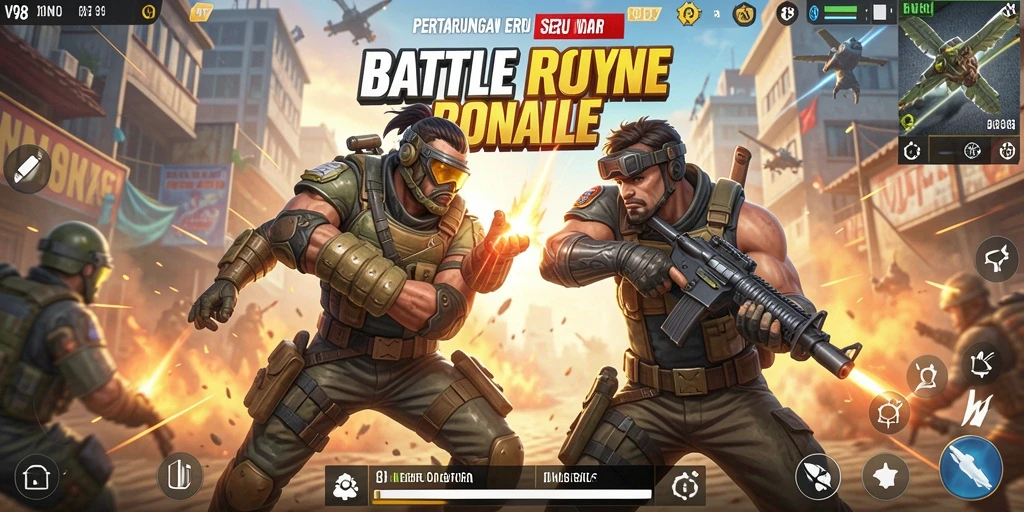 Screenshot gameplay V98 menunjukkan aksi seru dalam pertempuran Battle Royale.